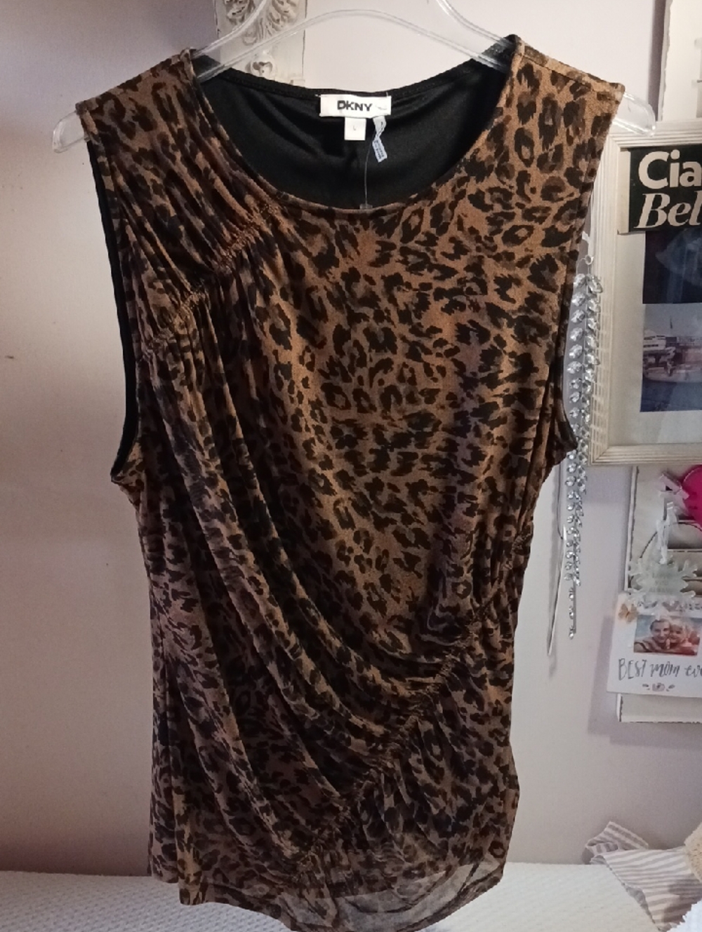 Gorgeous! DKNY Blk & Brn Leopard Print Sleeveless Draped Design Top ⚜️🐆⚜️